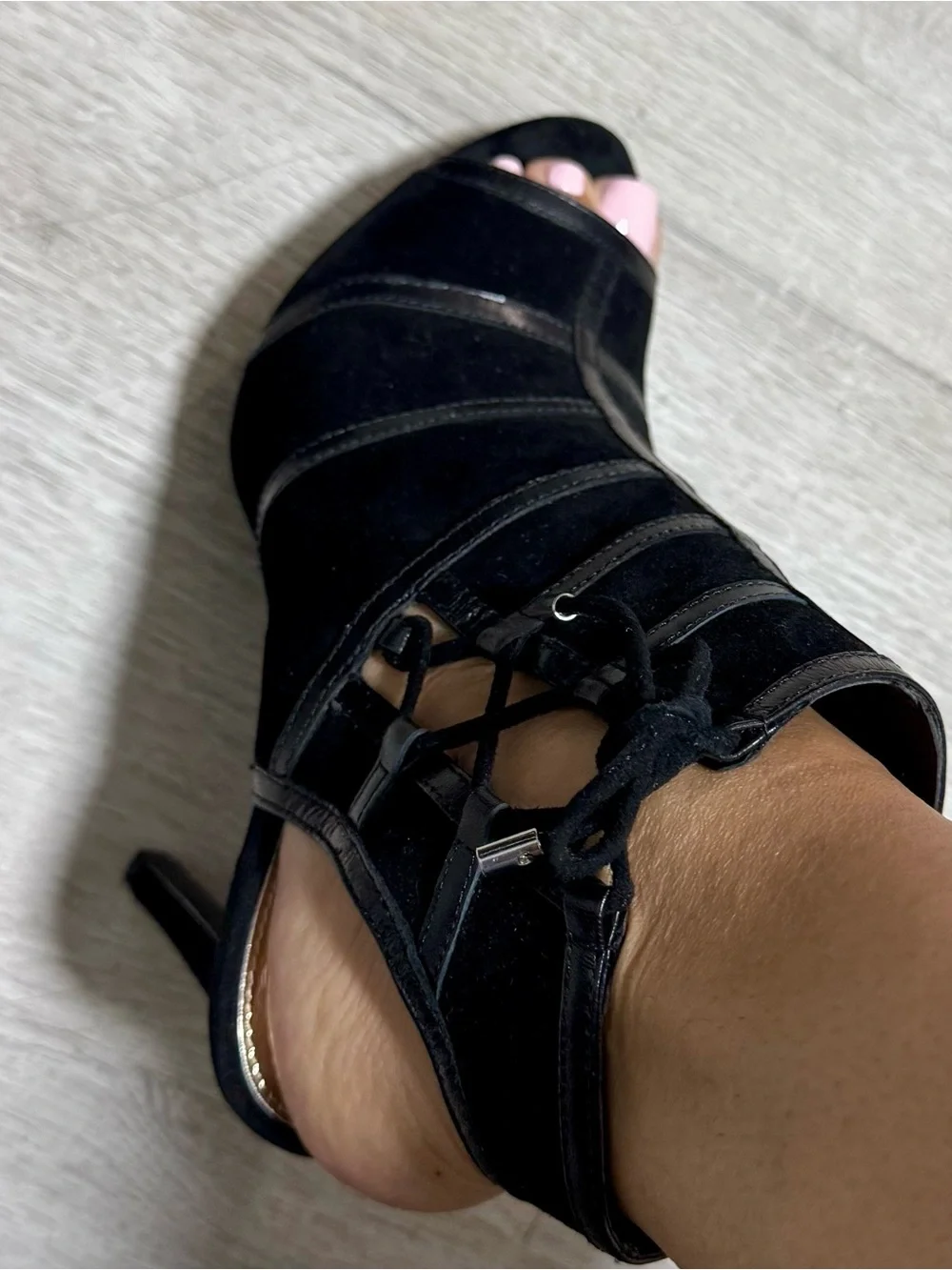 Lauren Ralph Lauren Black Suede Peep-Toe Lace-Back Booties